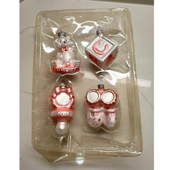 Set 4 Baby Pink First Christmas 2005 Glass Ornaments Bear Pacifier Booties Block - Picture 6 of 6